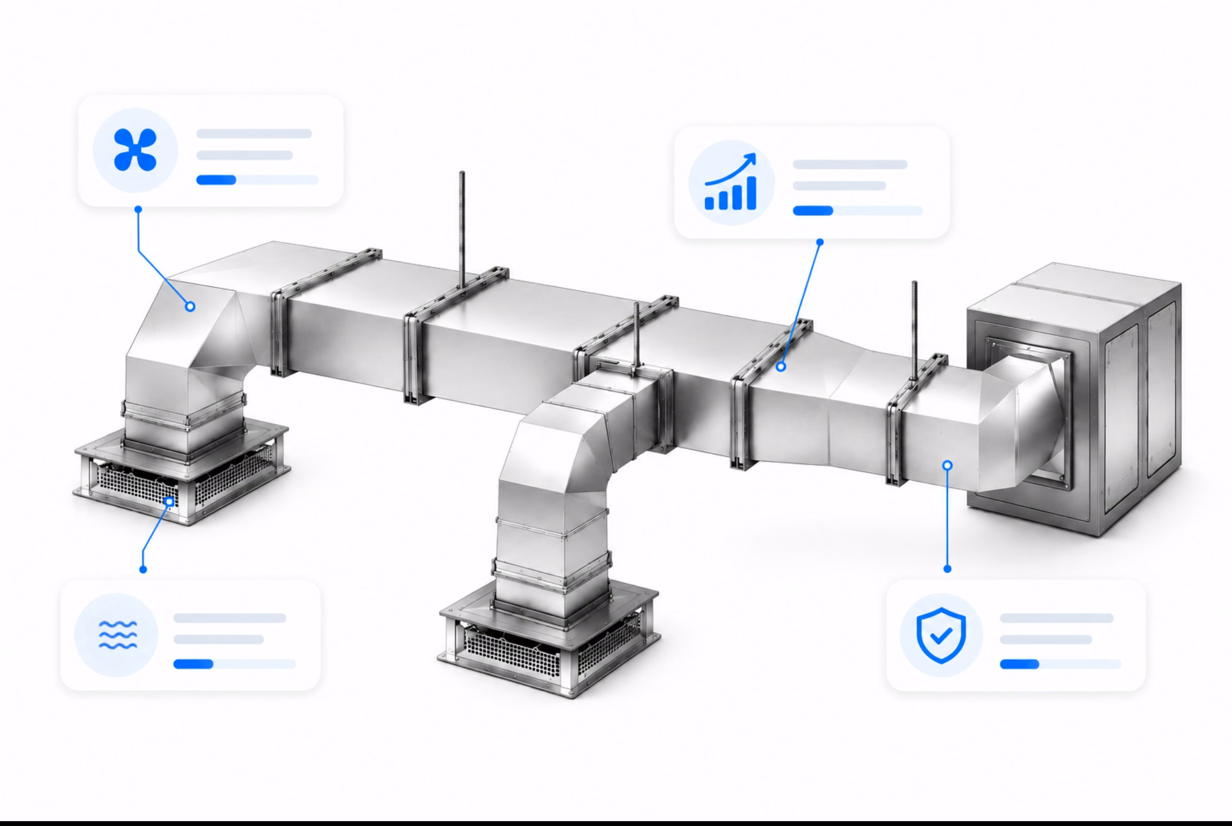 AAERO commercial sheet metal duct system infographic showing custom plenums and supply registers with performance airflow and durability indicators