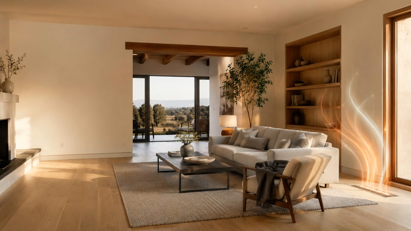 Warm Marin County home heated by an Aaero furnace and electric heat pump system